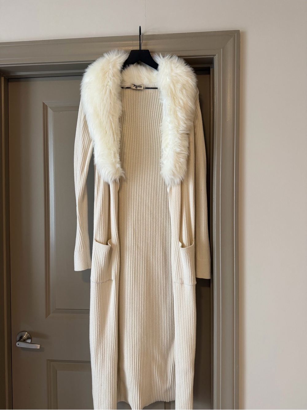 Show Me Your MuMu Cream Ribbed Long Cardigan with Faux Fur Collar